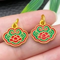 Detail of golden cloud-shaped pendants with red and green enamel lotus patterns - Red Enamel Ruyi Lotus Pendant