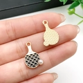 Table tennis paddle charm pendants with small pearls and textured golden finishes - Black Ping Pong Racket with Pearl (21738) / 20x13mm