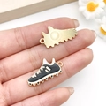 DIY black and white enamel soccer shoe pendants with golden metallic textured back - Black Baseball Cleat (19641) / 14x26mm