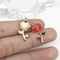 Detail of red rose flower charm with green leaves and gold back for DIY jewelry making - Red Rose (12306)