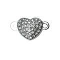 Silver heart magnetic clasp with rhinestones and double rings for DIY jewelry making - White K Rhinestone Heart (19861)