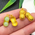 Golden peanut shaped pendants with faux jade beads for DIY vintage jewelry making - Light Green Glace Zinc Alloy Peanut (22208)