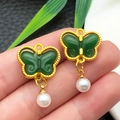 Green faux jade butterfly charm with gold lace edging and a white hanging pearl - Green Glace Zinc Alloy Butterfly Pearl (22213)