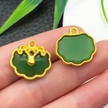 Deep green faux jade longevity lock pendant with gold alloy frame for jewelry making - Green Glace Zinc Alloy Auspicious Lock (22214)