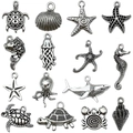 Lot de 16 breloques animaux marins en argent antique avec tortues et étoiles de mer - Série Marine Argent Antique (SN1152)