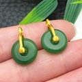 Retro style dark green imitation jade donut earrings with elegant gold metal findings - Green Glace Zinc Alloy Round Buckle (22260)