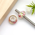 Pink rose flower resin large hole beads with silver metal core for DIY bracelets - Round Floral Large Hole Bead (17955)