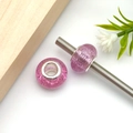 Pink glitter resin charm beads with silver metal core for DIY bracelets making - Round Gold-Flecked Sequined Large Hole Bead (17956)