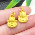Golden Maneki Neko lucky cat pendant charm with bell detail and coin symbols - Solid Antique Gold Fortune Cat Fu Pendant
