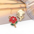 Red enamel rose charm and gold folding fan pendant for DIY jewelry making - Enamel Rose with Rhinestone