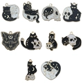 Set of 10 black and white enamel cat and skull charms with gold metal edges for DIY jewelry - Mixed Black And White Cat Series (SN951)