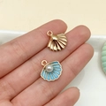 Golden seashell charm and blue enamel pendant with pearl detail for jewelry making - Lake Blue (15778)