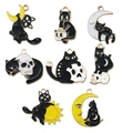 Lot de 8 pendentifs en émail avec chats noirs, lune et crâne pour la création de bijoux - Collection Complète Chat Crâne Halloween Émail (SN553)