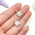 Pink enamel and silver metal flower charms set with small rhinestone detail - Pink Small Flower Style (21868)