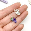 Grape charm pendant with purple enamel and green leaves for DIY jewelry making - Purple Grape Style (21870)