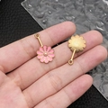 Pink enamel flower charm with pearl center and golden alloy base for DIY jewelry - Pink Enamel Artificial Pearl Round Flower (12311)
