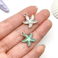 Starfish charms in silver and green enamel finish for DIY jewelry making accessories - Green Ocean Starfish Style (21903)