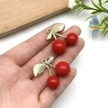 Red resin cherry pendant with golden leaves for DIY jewelry making and handmade crafts - KC Gold Solid Red 3D Double Leaf Cherry (23254)