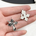 Silver gothic cross charm with monochrome figure and textured metal back for DIY - Reaper Cross Style (19387)