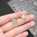 Blue enamel flower charm with pearl center and textured metal floral jewelry pendant - Lake Blue Enamel Artificial Pearl Cherry Blossom (12080)
