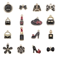 16pcs black and gold alloy charms set featuring heart star and camellia for DIY jewelry - Dripping Oil Black Elegant Style Women Set