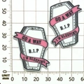 Halloween acrylic coffin charms in black and pink with GO AWAY and R.I.P text - Pink White Acrylic Ribbon Tombstone (19311)