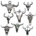 Set of 8 antique silver bull skull pendants with bohemian tribal carvings and loops - Mixed 8 Styles Vintage Bull Skull Series (SN670)