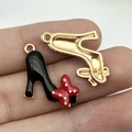 Cute high heel shoe charms with black enamel and red polka dot bow for DIY crafts - Black Dripping Oil Zinc Alloy Bow High Heel Shoe / 18x18
