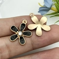 DIY floral jewelry pendant with black enamel petals and center rhinestone in gold finish - Black Dripping Oil Zinc Alloy Rhinestone Flower / 17x20