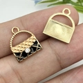 Golden handbag charms with black enamel grid and sparkling crystal for DIY jewelry - Black Dripping Oil Zinc Alloy Rectangular Rhinestone Women Bag / 12x15