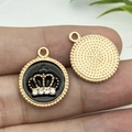Golden round crown charm with black enamel and rhinestones for DIY jewelry making - Black Dripping Oil Zinc Alloy Round Rhinestone Crown / 16x19