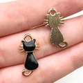 Detail of black enamel cat charm with golden plating and textured back for DIY jewelry - Black Back View Cat (9928)