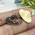 Vintage black sun hat charm with red bow for DIY hair accessory and jewelry design - Black Dripping Oil Zinc Alloy Women Hat / 21x16