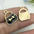 DIY black enamel handbag charm with gold bow and rhinestone for jewelry making - Black Dripping Oil Zinc Alloy Rhinestone Women Bag / 16x19