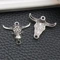 Antique silver ox skull charm with ethnic patterns for DIY jewelry making and pendants - Vintage Pattern Bull Head Style (18710)