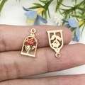 Red rose flower alloy charm pendant with green leaves and hollow metal base for DIY jewelry - Red Rectangular Rose (12297)