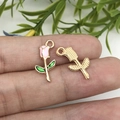 Pink rose flower alloy pendant with green leaves and golden back for jewelry making - Pink Rose (12317)