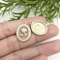 Pink enamel rose pendant with faux pearl border and golden alloy base for jewelry making - Gray Base Pearl Oval Rose (15898)