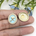 Vintage oval pendant with light blue enamel, gold rose relief, and faux pearls - Blue Pearl Oval Rose (15899)