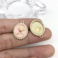 Pink enamel rose pendant with gold relief and pearl border for DIY jewelry making - Pink Pearl Oval Rose (15900)