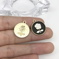 DIY jewelry charms with golden rose relief and black enamel flower on gold-plated alloy - Round White Rose (15901)
