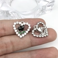 Silver heart-shaped pendant with black rose enamel and white rhinestones for DIY jewelry - Pearl Heart Black Rose (15959)