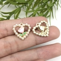 Pink tulip enamel heart pendant with faux pearls and hollow gold heart charm set - Pearl Heart Pink Rose (15960)
