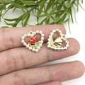 DIY red rose heart jewelry pendant with white pearl inlay and gold alloy base - Pearl Heart Red Rose (15961)