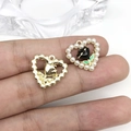 Golden heart pendant with red rose and pearl heart charm with black enamel flower - Heart Black Rose (15963)