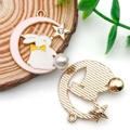 Cute pink enamel moon and white bunny alloy charm with a pearl dangle for DIY jewelry - Pink Enamel Moon and White Rabbit (15540)