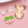 Easter bunny egg alloy enamel pendant with pink and white finish and sunburst metal back - Mirror Flower Design (18602)