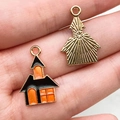 Pendentif maison d'Halloween pour bricolage avec émail orange noir et métal doré - Château Noir Orange (14002)