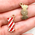 Pendentif bonbon DIY avec rayures en émail rouge et blanc et finition métal doré - Bonbon Rouge Blanc (14018)