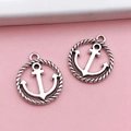 Antique silver anchor round pendant charms in nautical style for DIY jewelry making - Round Hollow Anchor (7047)